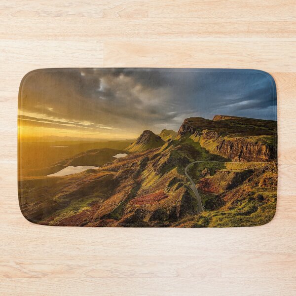 Item preview, Rocky plateau, forest green wild mountains, bright blue yellow sky, sunrise shine designed and sold by August-E.