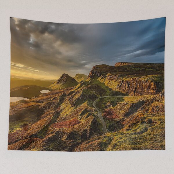 Item preview, Rocky plateau, forest green wild mountains, bright blue yellow sky, sunrise shine designed and sold by August-E.