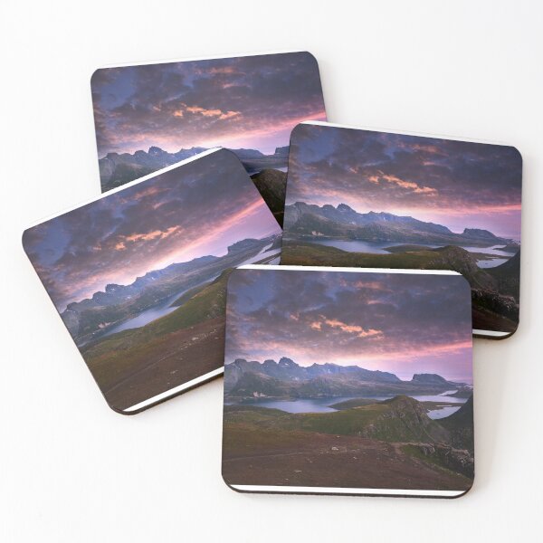 Item preview, Purple pink sky, Rocky plateau, forest green wild mountains, dark blue sky, river side designed and sold by August-E.