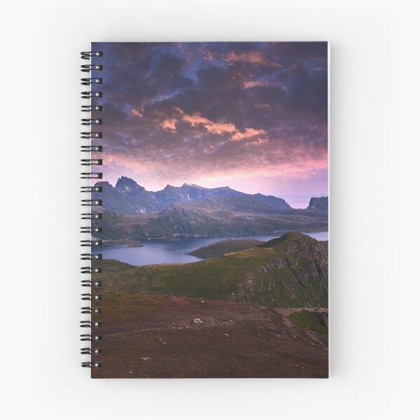 Item preview, Purple pink sky, Rocky plateau, forest green wild mountains, dark blue sky, river side designed and sold by August-E.