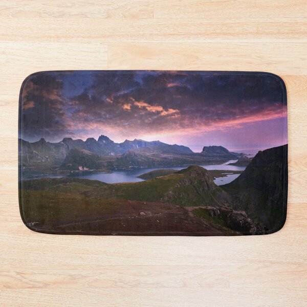 Item preview, Purple pink sky, Rocky plateau, forest green wild mountains, dark blue sky, river side designed and sold by August-E.