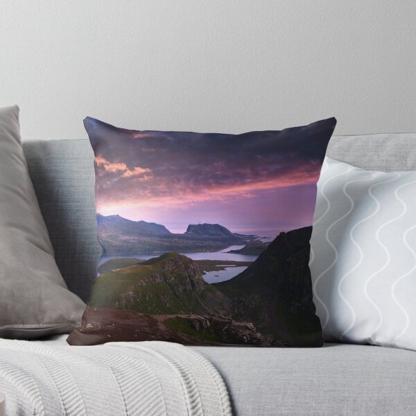 Item preview, Purple pink sky, Rocky plateau, forest green wild mountains, dark blue sky, river side designed and sold by August-E.