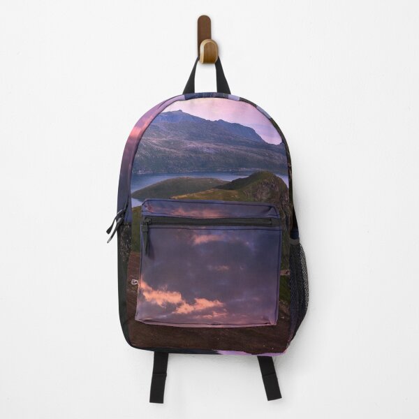 Item preview, Purple pink sky, Rocky plateau, forest green wild mountains, dark blue sky, river side designed and sold by August-E.