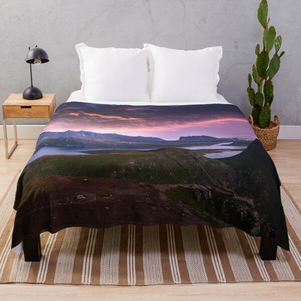 Item preview, Purple pink sky, Rocky plateau, forest green wild mountains, dark blue sky, river side designed and sold by August-E.