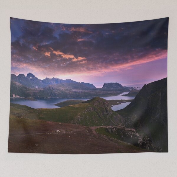 Item preview, Purple pink sky, Rocky plateau, forest green wild mountains, dark blue sky, river side designed and sold by August-E.