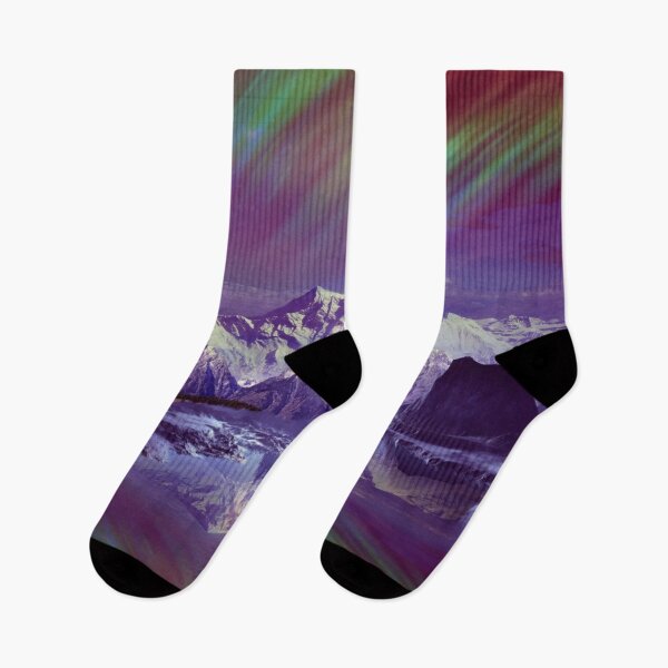 Item preview, Aurora rainbow flash sky, snow mountains Alaska, shiny midnight dark sky, violet, purple, green, blue, pink, cosmo  designed and sold by August-E.