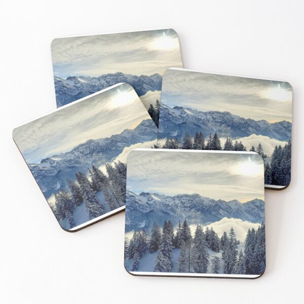 Item preview, Shiny silver mountains, bright blue white shiny sky, snow pines forest, snow winter mountains, Iceland designed and sold by August-E.