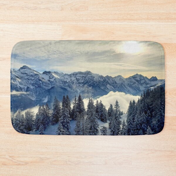 Item preview, Shiny silver mountains, bright blue white shiny sky, snow pines forest, snow winter mountains, Iceland designed and sold by August-E.