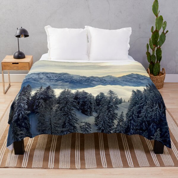 Item preview, Shiny silver mountains, bright blue white shiny sky, snow pines forest, snow winter mountains, Iceland designed and sold by August-E.
