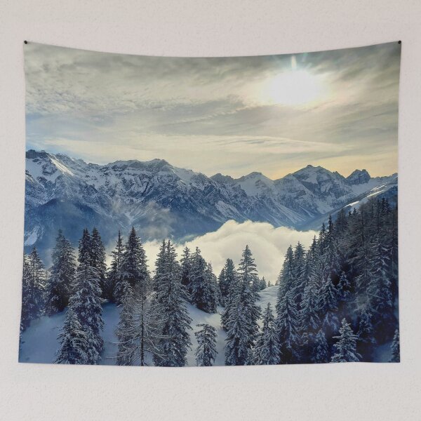 Item preview, Shiny silver mountains, bright blue white shiny sky, snow pines forest, snow winter mountains, Iceland designed and sold by August-E.