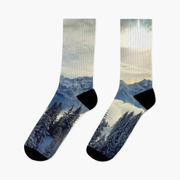 Item preview, Shiny silver mountains, bright blue white shiny sky, snow pines forest, snow winter mountains, Iceland designed and sold by August-E.