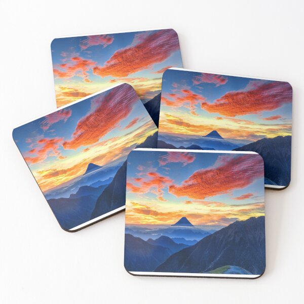 Item preview, Calm sky, Rocky mountains, dark blue, orange, yellow sky, orange clouds, hills silhouette designed and sold by August-E.