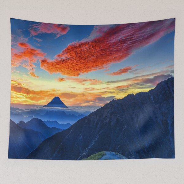 Item preview, Calm sky, Rocky mountains, dark blue, orange, yellow sky, orange clouds, hills silhouette designed and sold by August-E.