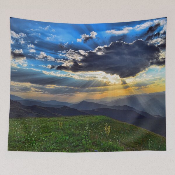 Item preview, Wild flowers garden valley, forest green, autumn break, shiny blue sunrise clouds, yellow flowers, summer vibes designed and sold by August-E.