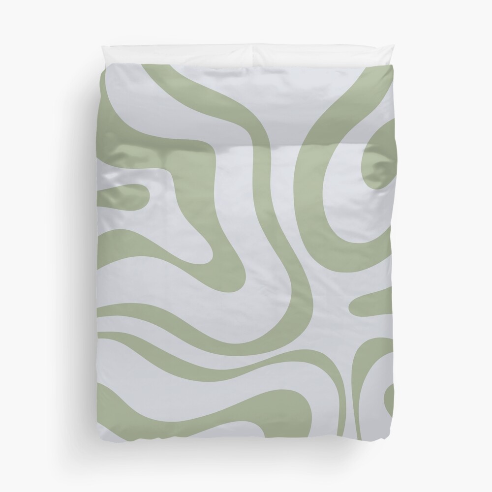 Sage Green Liquid Swirl Abstract Pattern with Light Silver Grey Duvet Cover