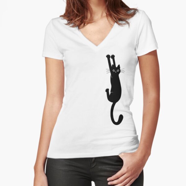 Black Cat Holding On Fitted V-Neck T-Shirt