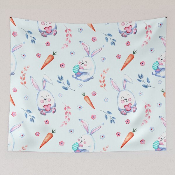 Item preview, Seamless Watercolor Pattern With Easter Bunnies With Carrots Willow Twigs Flowers White Background | Seamless Watercolor Pattern designed and sold by graphic-genie.