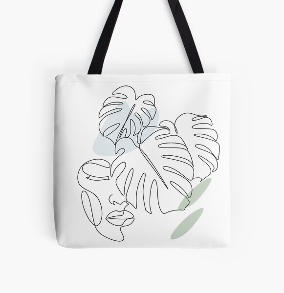 Trendy abstract one line woman face with monstera leaf