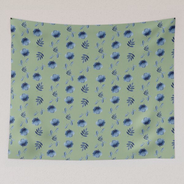 Item preview, Blue flowers on sage green designed and sold by Ninaeva.