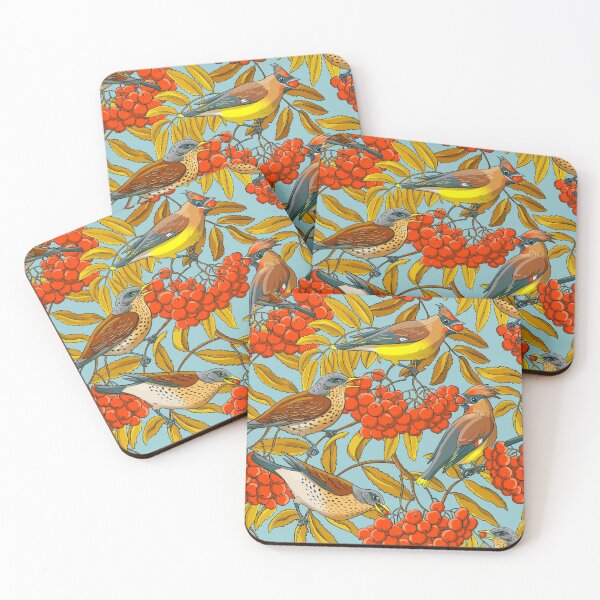 Item preview, Fieldfares and waxwings on rowan bunches (on grey background) designed and sold by Irina Ivanova.