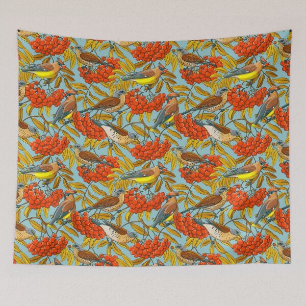 Item preview, Fieldfares and waxwings on rowan bunches (on grey background) designed and sold by Irina Ivanova.