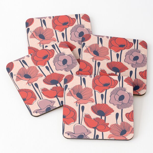 Item preview, Field of poppies // rose background neon red orange shade coral and dry rose wildflowers oxford blue line contour  designed and sold by SelmaCardoso.