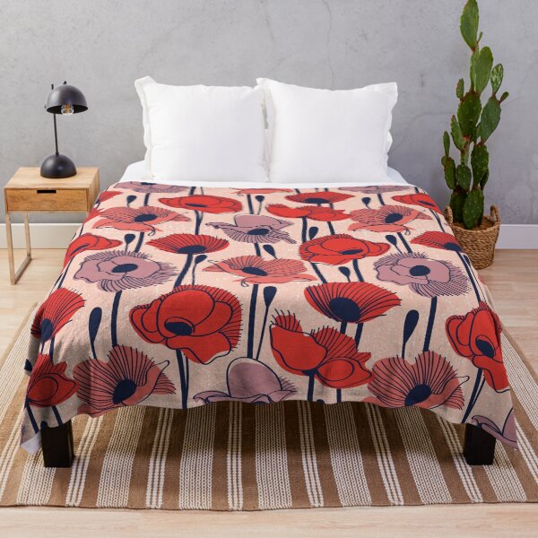 Item preview, Field of poppies // rose background neon red orange shade coral and dry rose wildflowers oxford blue line contour  designed and sold by SelmaCardoso.