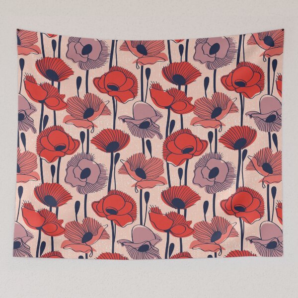 Item preview, Field of poppies // rose background neon red orange shade coral and dry rose wildflowers oxford blue line contour  designed and sold by SelmaCardoso.