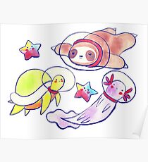 Space Sloth Turtle and Axolotl Poster
