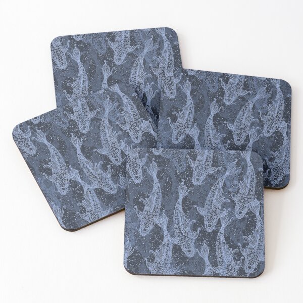 Item preview, Koi fish lacy silhouette seamless pattern blue on dark navy blue with points. Wild fish. Wild life. designed and sold by Yulia Chepurova.