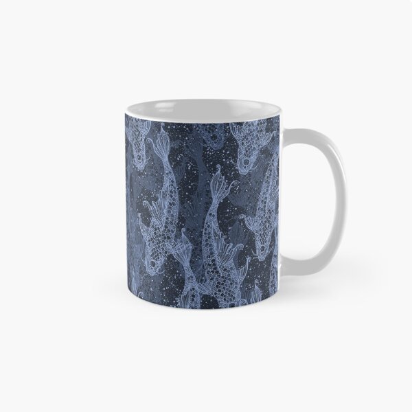 Item preview, Koi fish lacy silhouette seamless pattern blue on dark navy blue with points. Wild fish. Wild life. designed and sold by Yulia Chepurova.