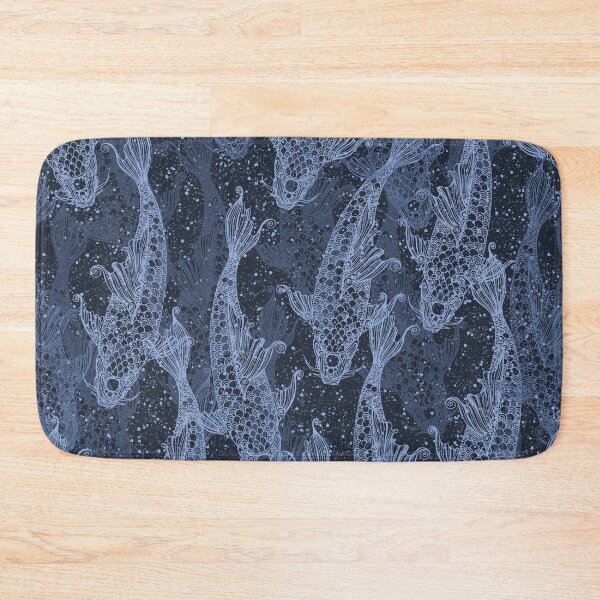 Item preview, Koi fish lacy silhouette seamless pattern blue on dark navy blue with points. Wild fish. Wild life. designed and sold by Yulia Chepurova.