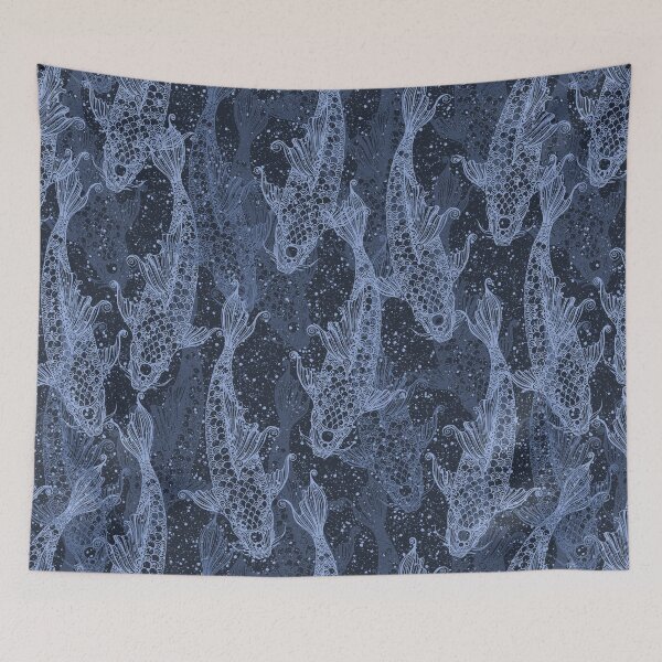 Item preview, Koi fish lacy silhouette seamless pattern blue on dark navy blue with points. Wild fish. Wild life. designed and sold by Yulia Chepurova.