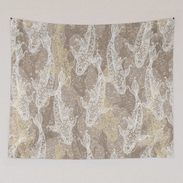 Item preview, Koi fish lacy silhouette seamless pattern white on beige with points. Wild fish. Wild life. designed and sold by Yulia Chepurova.
