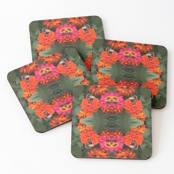 Item preview, Bees Zinnias, Bumblebee fiesta in pink/orange flower fusion - with royal crown designed and sold by RoseAromas.
