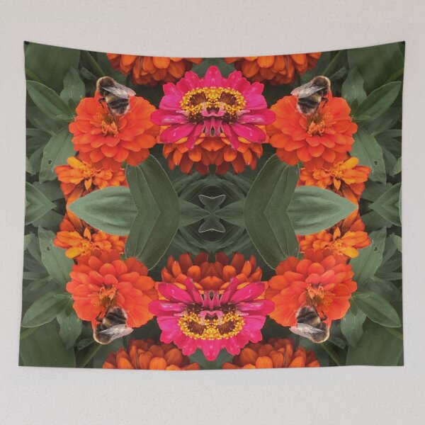 Item preview, Bees Zinnias, Bumblebee fiesta in pink/orange flower fusion - with royal crown designed and sold by RoseAromas.