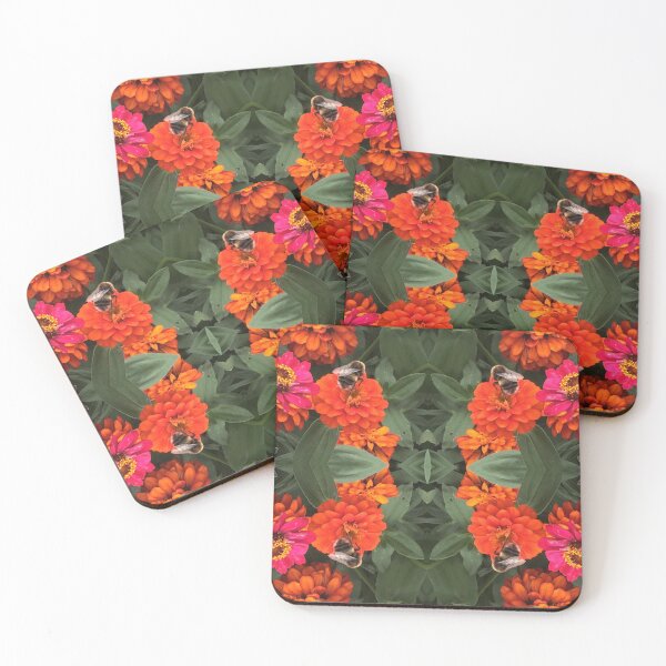 Item preview, Bees Zinnias, Bumblebee fiesta in pink/orange flower fusion designed and sold by RoseAromas.