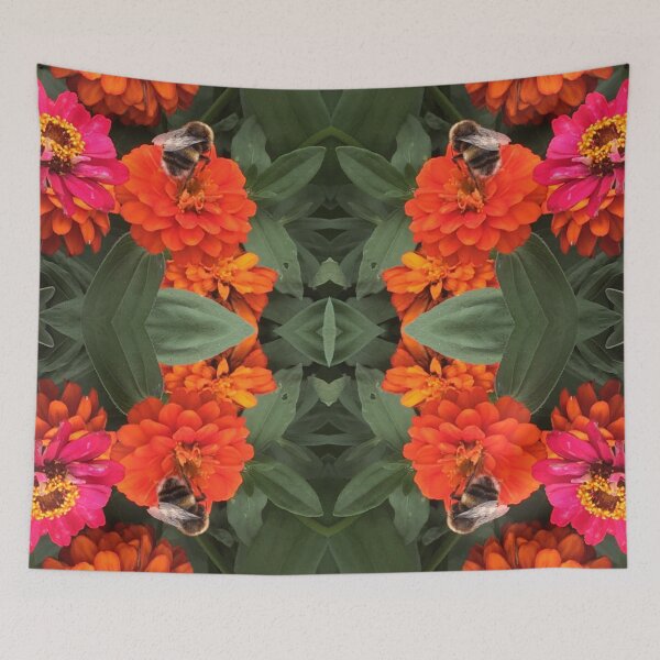 Item preview, Bees Zinnias, Bumblebee fiesta in pink/orange flower fusion designed and sold by RoseAromas.