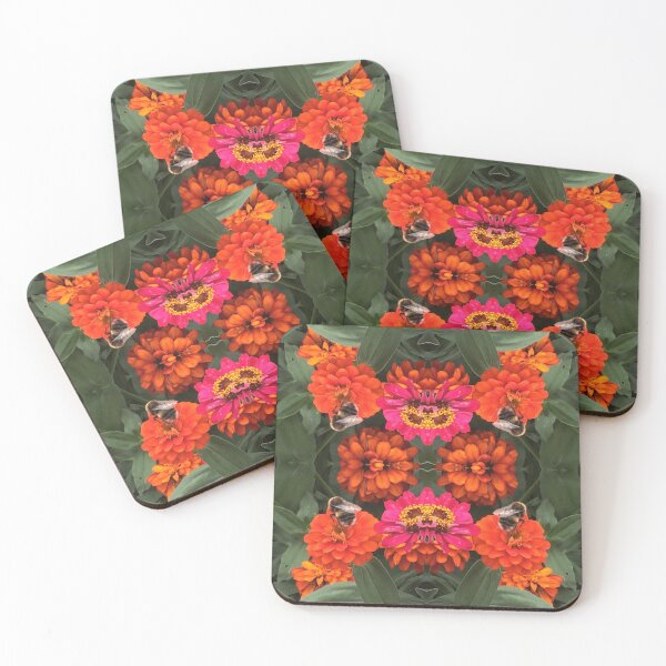 Item preview, Bees Zinnias, Bumblebee fiesta in pink/orange flower fusion designed and sold by RoseAromas.