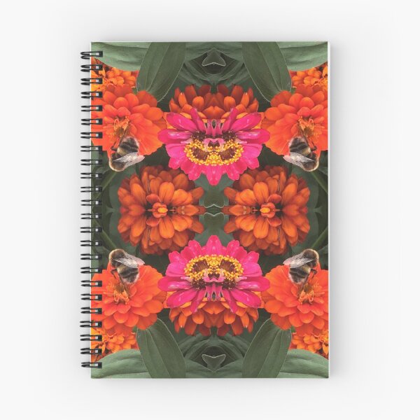 Item preview, Bees Zinnias, Bumblebee fiesta in pink/orange flower fusion designed and sold by RoseAromas.