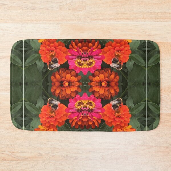 Item preview, Bees Zinnias, Bumblebee fiesta in pink/orange flower fusion designed and sold by RoseAromas.