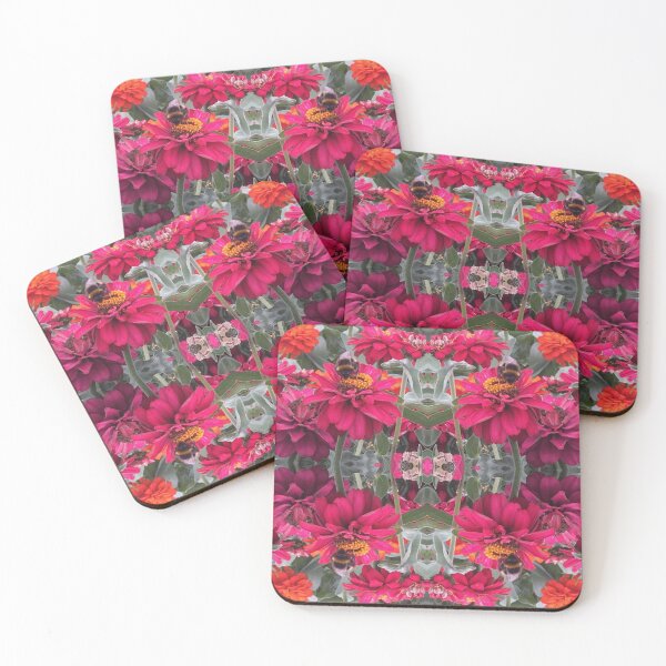 Item preview, Bees Zinnias, Bumblebee fiesta in pink/orange flower fusion designed and sold by RoseAromas.