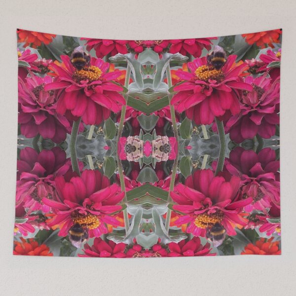 Item preview, Bees Zinnias, Bumblebee fiesta in pink/orange flower fusion designed and sold by RoseAromas.