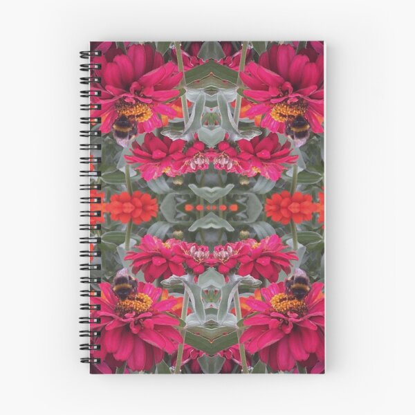 Item preview, Bees Zinnias, Bumblebee fiesta in pink/orange flower fusion designed and sold by RoseAromas.