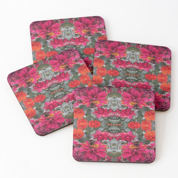Item preview, Bees Zinnias, Bumblebee fiesta in pink/orange flower fusion designed and sold by RoseAromas.