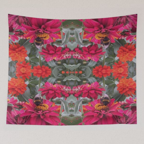 Item preview, Bees Zinnias, Bumblebee fiesta in pink/orange flower fusion designed and sold by RoseAromas.