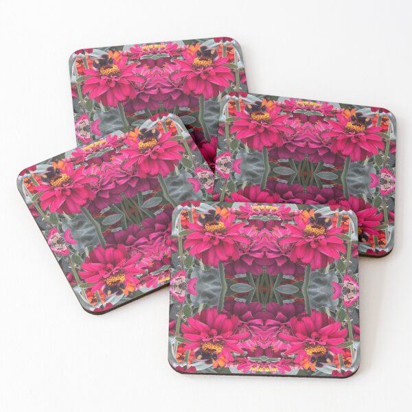 Item preview, Bees Zinnias, Bumblebee fiesta in pink/orange and teal flower fusion designed and sold by RoseAromas.