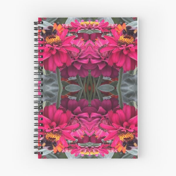 Item preview, Bees Zinnias, Bumblebee fiesta in pink/orange and teal flower fusion designed and sold by RoseAromas.