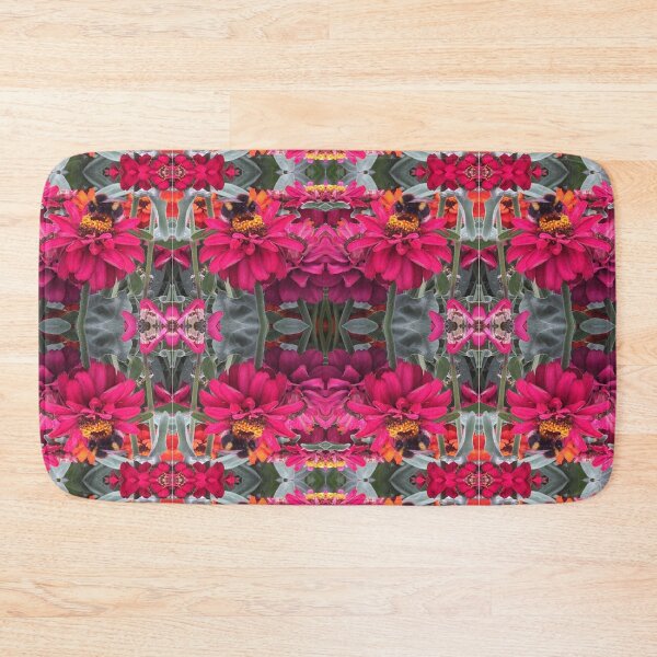 Item preview, Bees Zinnias, Bumblebee fiesta in pink/orange and teal flower fusion designed and sold by RoseAromas.