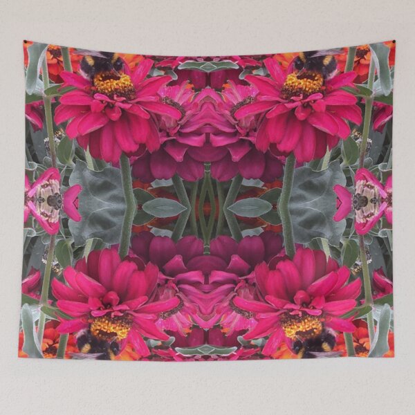 Item preview, Bees Zinnias, Bumblebee fiesta in pink/orange and teal flower fusion designed and sold by RoseAromas.